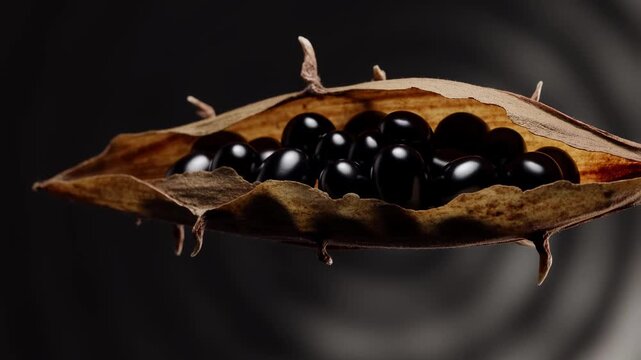 Thorny datura seed pod slowly cracking open to reveal shiny black toxic seeds in dark studio light