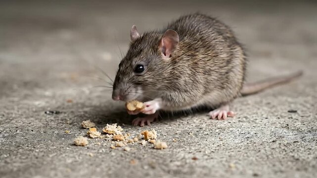 Adorable small mouse foraging on ground exploring food crumbs in detailed close-up footage