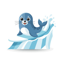 Obraz premium Cartoon Seal Surfing on Iceberg with Water Splashes