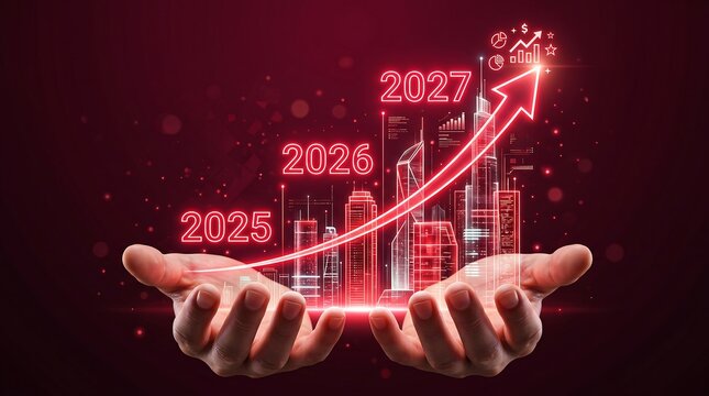 Hands holding a glowing red graph with a cityscape and years 2025 to 2027