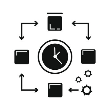 Automated cron job symbol. Flat design silhouette representing server task scheduling, computing time processing, and script loops.