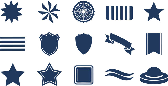 Collection of various stylized icons featuring stars shields badges ribbons and military police symbols isolated on transparent background
