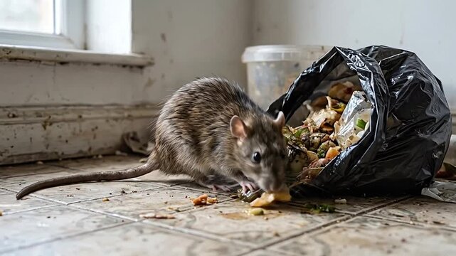 Mouse Investigates Trash Bag Full of Food Debris in Indoor Setting