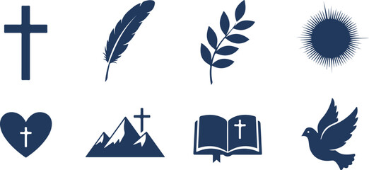 Set of eight religious and spiritual symbols featuring cross heart book dove sun feather mountain laurel icons © MURSHIDUR RAHMAN