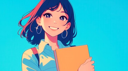 Fototapeta premium Anime-inspired city pop illustration featuring a confident teacher with educational materials, vibrant colors and bold outlines, embodying a cheerful academic atmosphere.