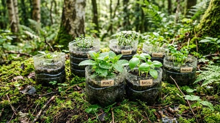 Obraz premium Seedlings in repurposed plastic bottles growing in a lush green forest, showcasing sustainable gardening and environmental consciousness.