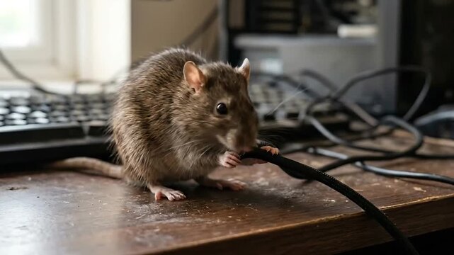 Close-up of curious mouse interacting with computer cable on a cluttered desk in home office setting