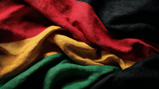 A close-up of a textured fabric featuring the colors of the Pan-African flag: red, black, green, and yellow. The colors symbolize unity and freedom.
