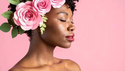 Naklejka premium Stunning portrait of a young woman with radiant skin wearing paper flowers in her hair against a soft pink studio background for beauty.