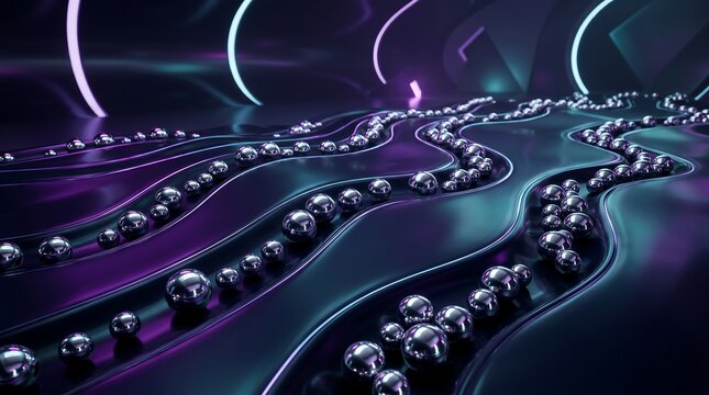 ia generated. Multiple shiny metallic spheres resting on a dark wavy surface with structured parallel channels illuminated by neon pink and cyan lights. Abstract futuristic high-tech concept backgroun