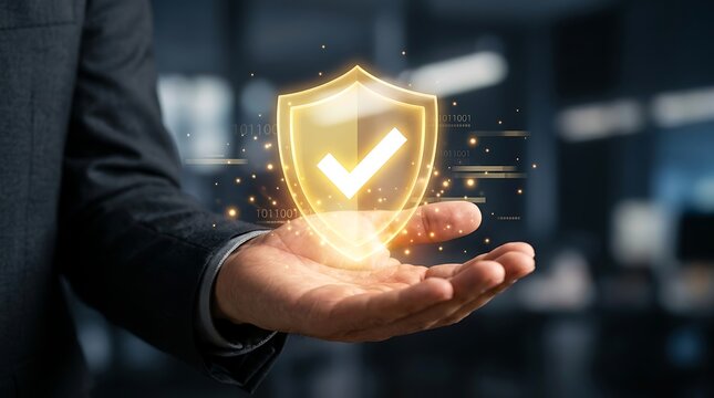 Cybersecurity concept featuring a businessman hand presenting a glowing digital shield with a checkmark symbol representing data protection and verified security