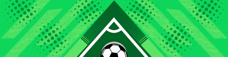 Green Abstract Soccer Field Banner with Ball and Halftone Design. Soccer cup vector background, football world championship banner vector illustration © Febrian