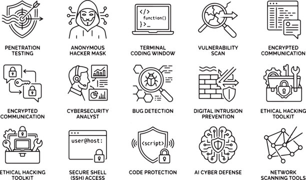 Cyber security line icon set ethical hacking and penetration testing database protection vulnerability scan network data safety outline symbols vector illustration