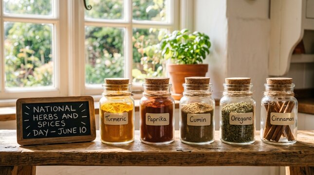 Glass Jars of Colorful Spices Turmeric Paprika Cumin Oregano Cinnamon for National Herbs and Spices Day June 10

