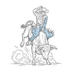 Fototapeta premium Cowboy Riding Bull in Rodeo Action, Line Art Illustration