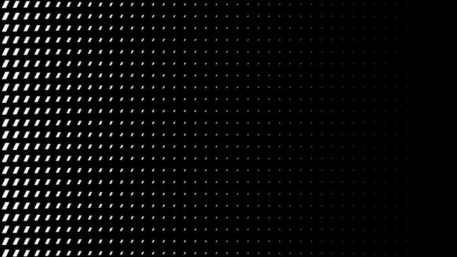 White halftone rectangles transition scaling up on black background creating a smooth reveal effect for motion graphics and creative video production and editing. Motion design.	