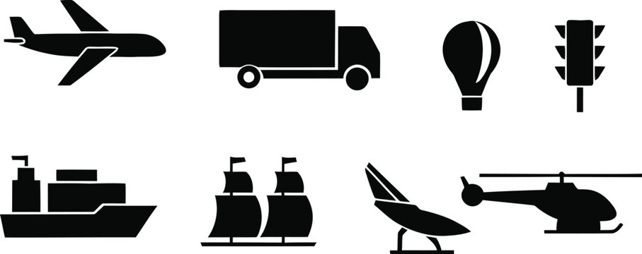 Transportation and logistics icons set airplane truck ship helicopter and more