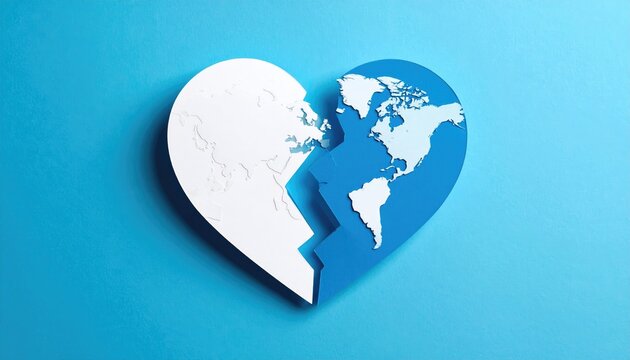 A broken heart-shaped globe splits in two on a blue background