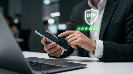 Fototapeta premium Professional man in suit interacting with secure otp authentication interface on smartphone with glowing shield overlay for enterprise data security concept