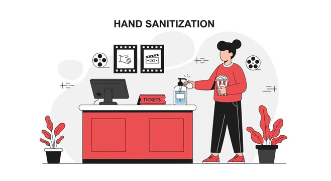 Cinema Hand Sanitization: Person Using Sanitizer at Ticket Counter with Popcorn