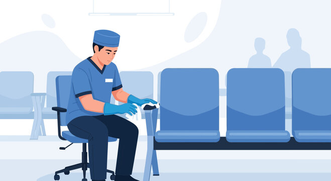 Cleaner in blue uniform sanitizing chairs in a waiting room, hospital cleaning concept