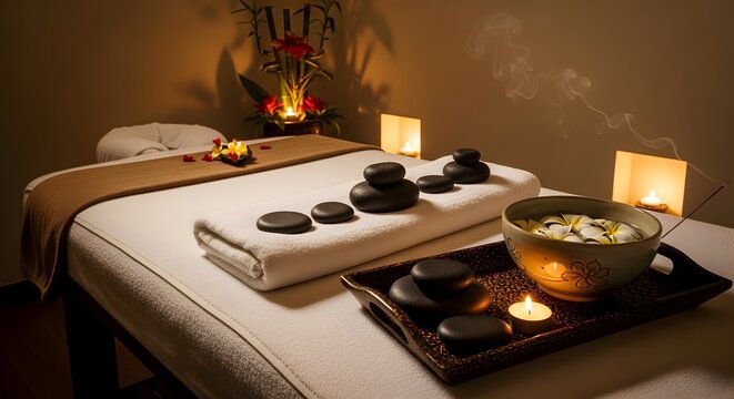 Spa massage table with black stones and warm candles in a calm wellness center room