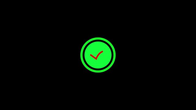Animated reveal of a red checkmark icon in a green circle. Isolated on a black background. Green check mark, tick, yes, or OK symbol on green circle
