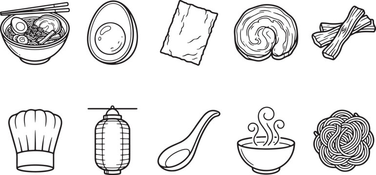 Japanese ramen noodle ingredients and restaurant culture line icon set with ramen bowl boiled egg nori seaweed chashu pork bamboo shoots chef hat paper lantern spoon hot soup and raw noodles vector il