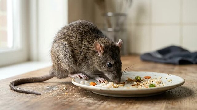 Adorable mouse enjoying a meal on a kitchen plate with crumbs and vegetables