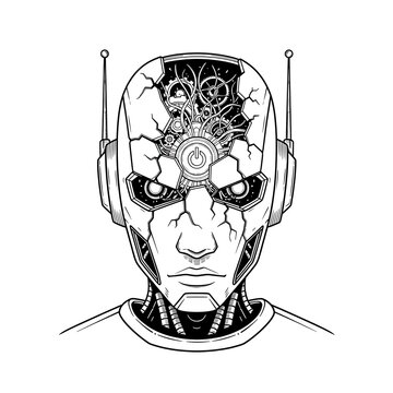 Cracked robotic head with exposed mechanical brain and wires