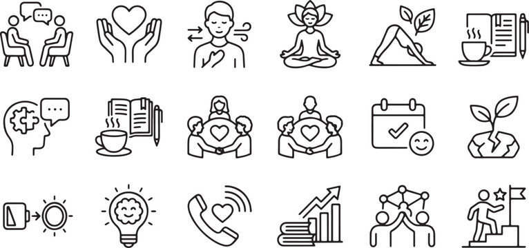 Mental health and self care wellness outline icon set with meditation yoga therapy counseling breathing exercises and personal growth elements