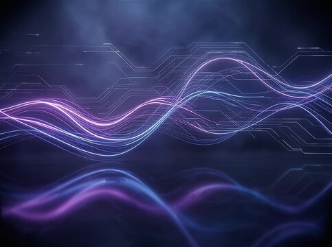 ia generated. Abstract digital background featuring glowing purple and blue neon light waves with a dark circuit board pattern and a glossy surface reflection. Futuristic concept of data stream and co