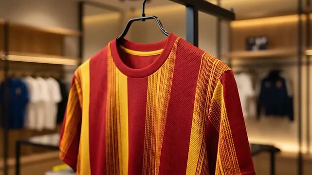 Vibrant red and yellow striped short-sleeve shirt on display in modern retail store with warm ambient lighting