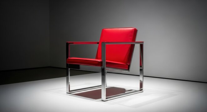 Modern red chair, minimalist design, leather armchair, chrome frame