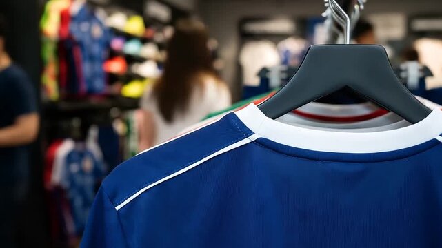 Close-up of blue sports jerseys hanging on black plastic hangers in a retail store aisle with blurred shoppers in the background