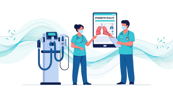 Medical Team Discussing Spirometry Results on Tablet Next to Ventilator