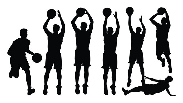 Basketball players exhibit various athletic motions including jumping, shooting, and dribbling in this detailed collection of black silhouettes.