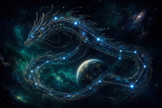 Draco constellation as a biomechanical cosmic dragon guarding a planet.