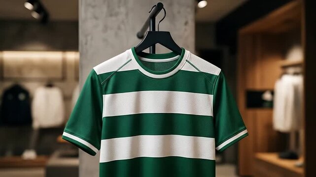 Multiple images of green and white striped sports jerseys hanging on a rack in a clothing store with a modern interior design