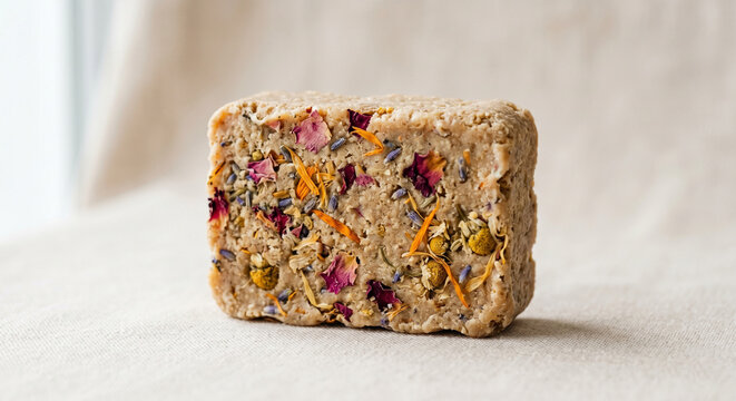 Rustic solid shampoo bar with dried botanicals isolated on pastel background