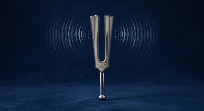 Sleek steel tuning fork vibrating on dark blue background sound concept