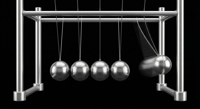 Metallic Newton cradle with swinging sphere in motion isolated on black