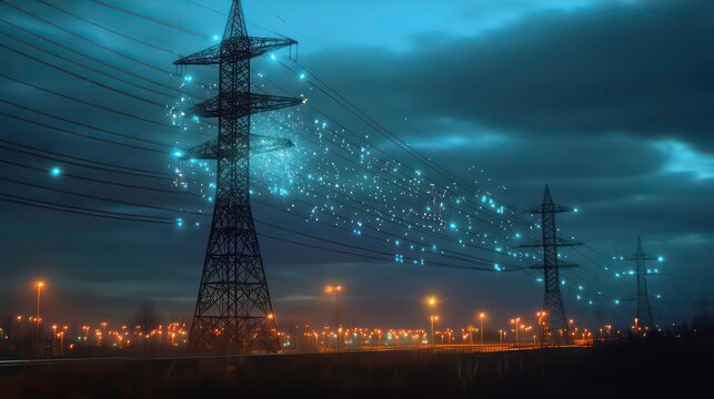 A row of high voltage power lines against a cloudy night sky with streetlights in the distance.
