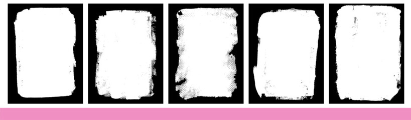 Fototapeta premium Grunge gritty textured frame set, borders with vintage rough edges. Old worn paper frames by brush halftone texture for distress overlay. Vector vignette set for poster cover or promotion banner bg.