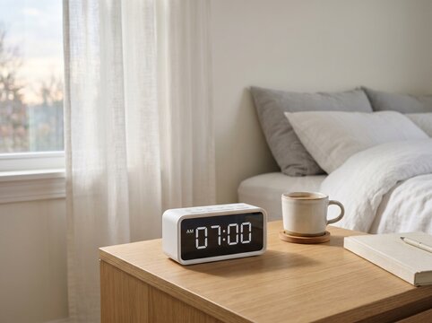 Wake Up Call: A modern alarm clock on a bedside table displays 7:00 AM, signaling the start of a new day, with a cozy bed and a cup of coffee in the soft morning light.
