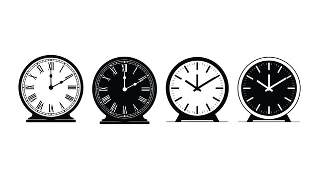 Black and white of four clock faces with roman numerals and different hand styles time hands