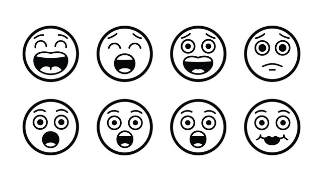 Black and white of eight cartoon faces with different expressions and eye styles emotion emotionless