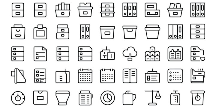 Office and business icons: filing cabinets, folders, documents, calendar, computer, cloud.