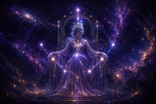 Cassiopeia constellation as a digital cosmic queen on a celestial throne.