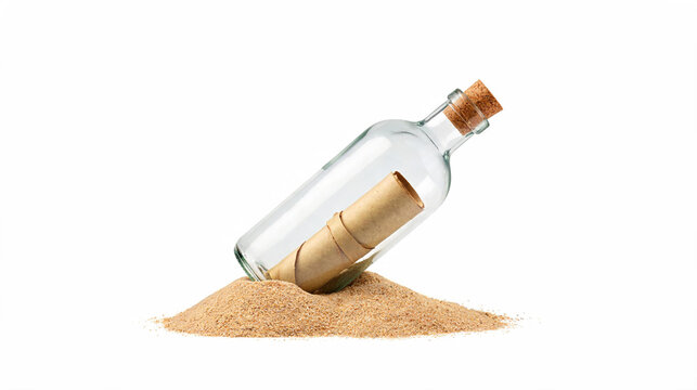 Message in a bottle on sand isolated on white background.